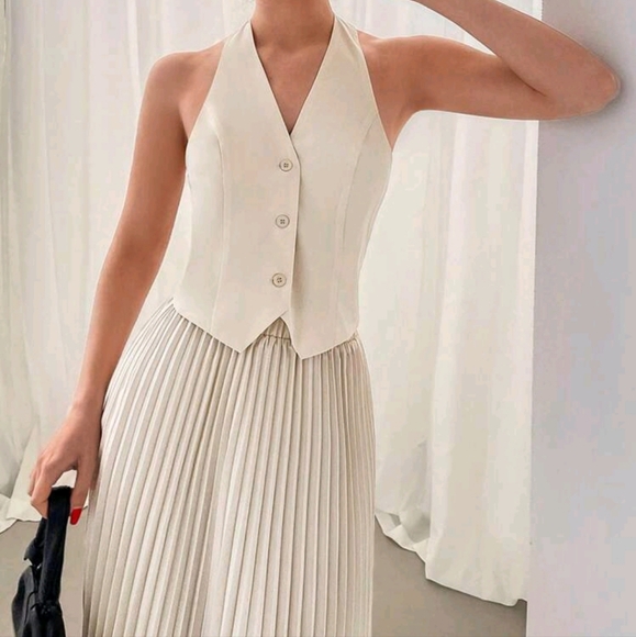 pcs Set Women Valentine's Day Halter Neck Single Breasted Vest And Pleated - Picture 4 of 4